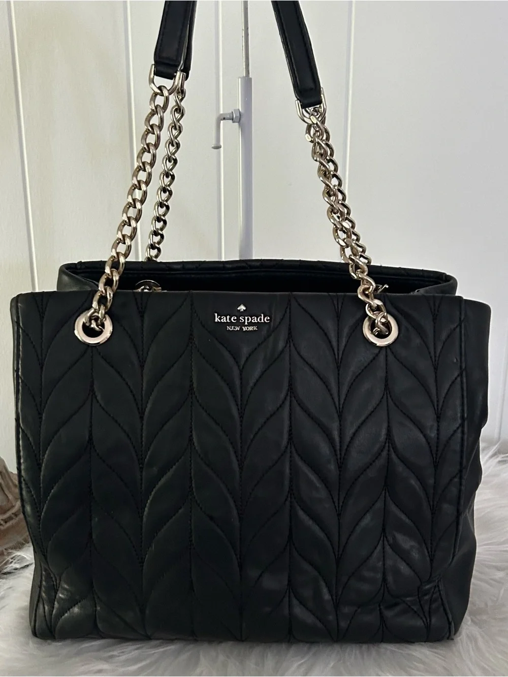 Kate Spade Black Quilted Leather Chain Shoulder Tote Bag Work Laptop bag